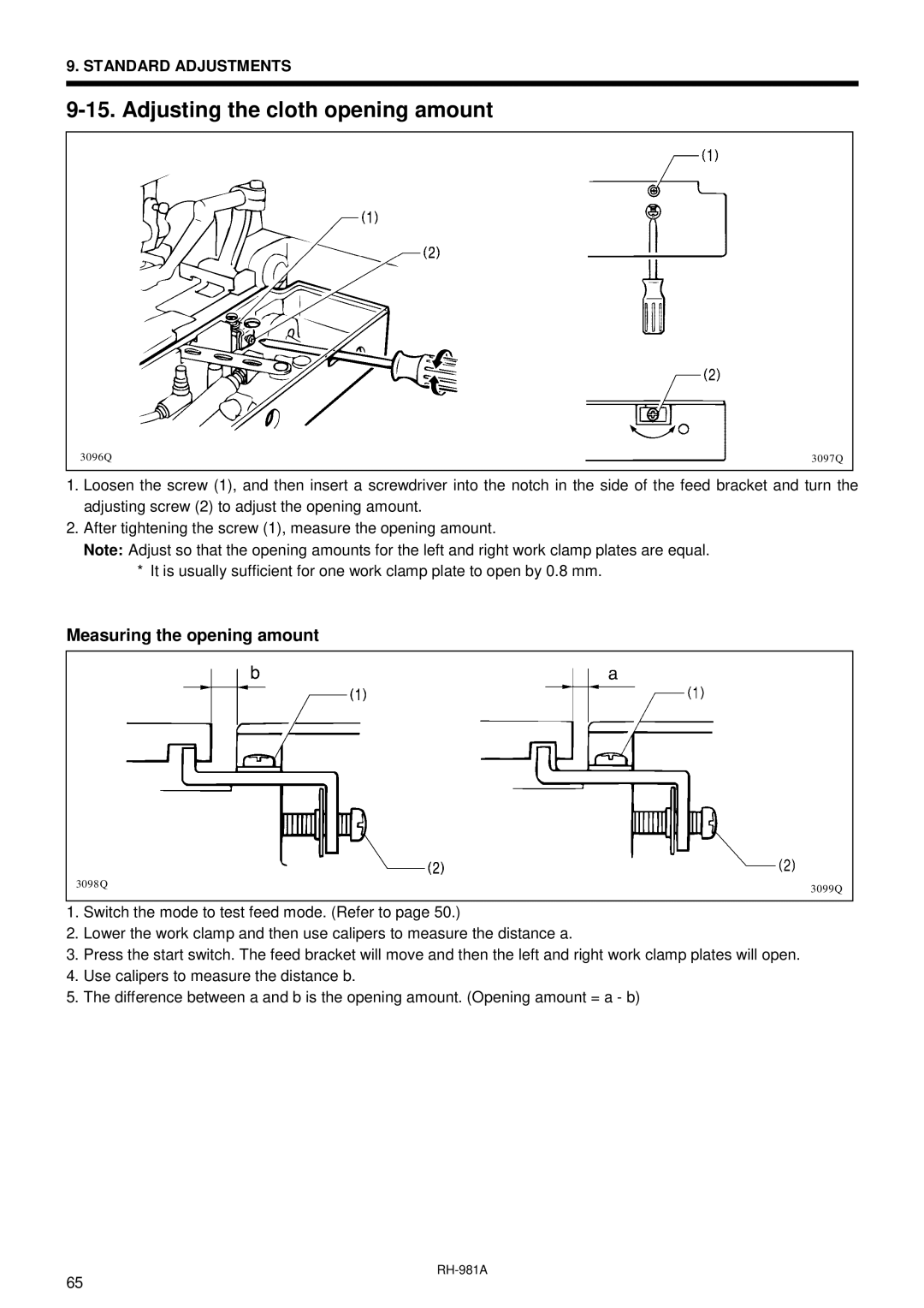 Brother rh-918a manual Adjusting the cloth opening amount, Measuring the opening amount 