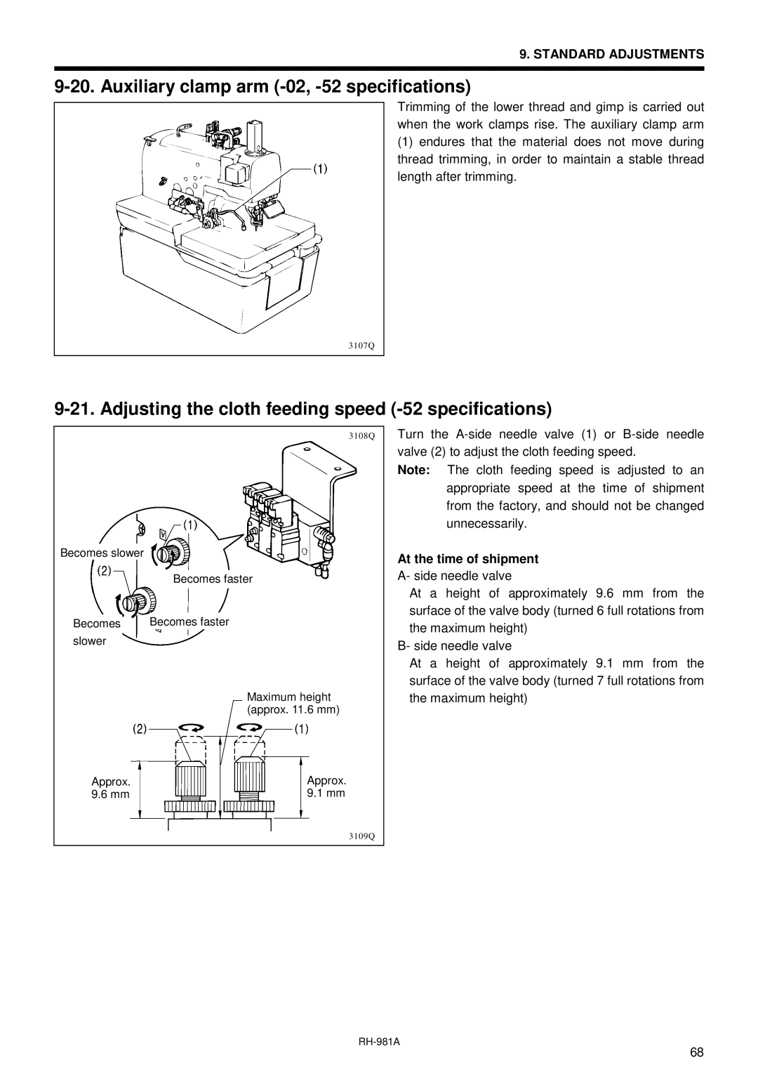 Brother rh-918a manual Auxiliary clamp arm -02, -52 specifications, Adjusting the cloth feeding speed -52 specifications 