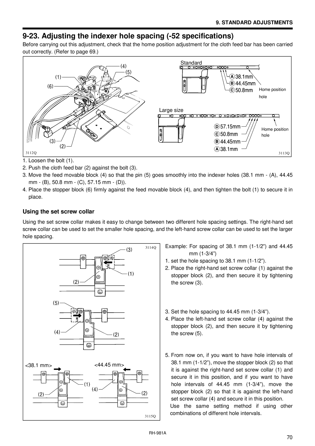 Brother rh-918a manual Adjusting the indexer hole spacing -52 specifications, Using the set screw collar 