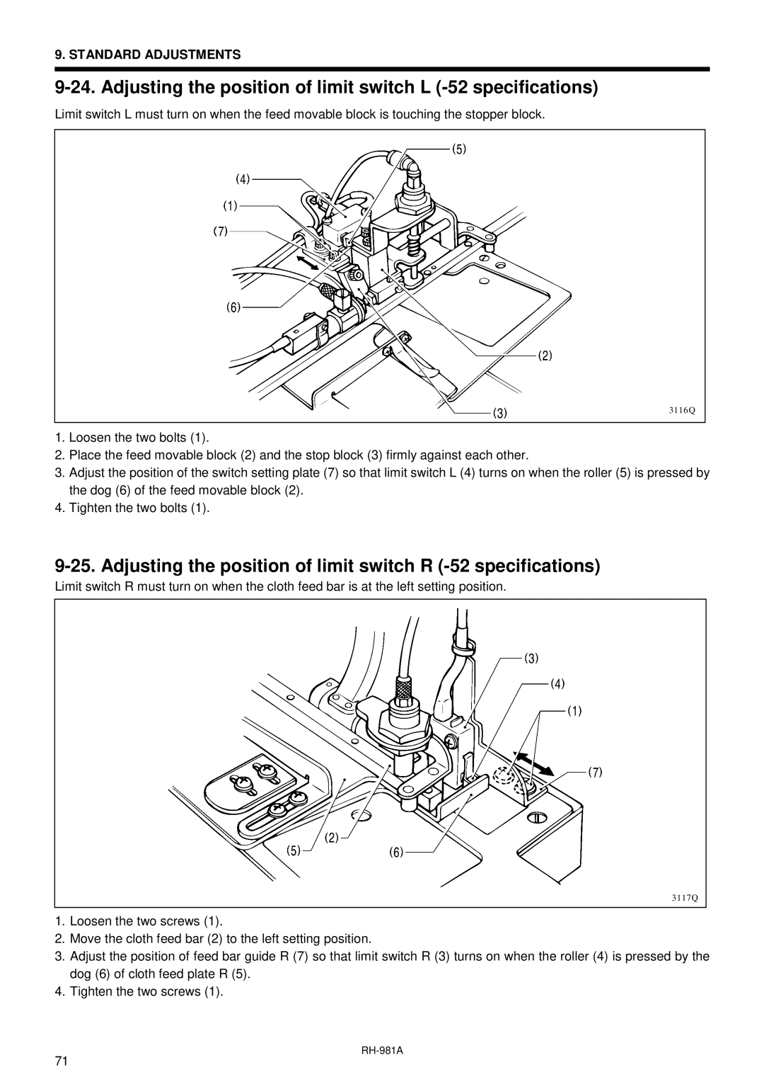 Brother rh-918a manual Adjusting the position of limit switch L -52 specifications 