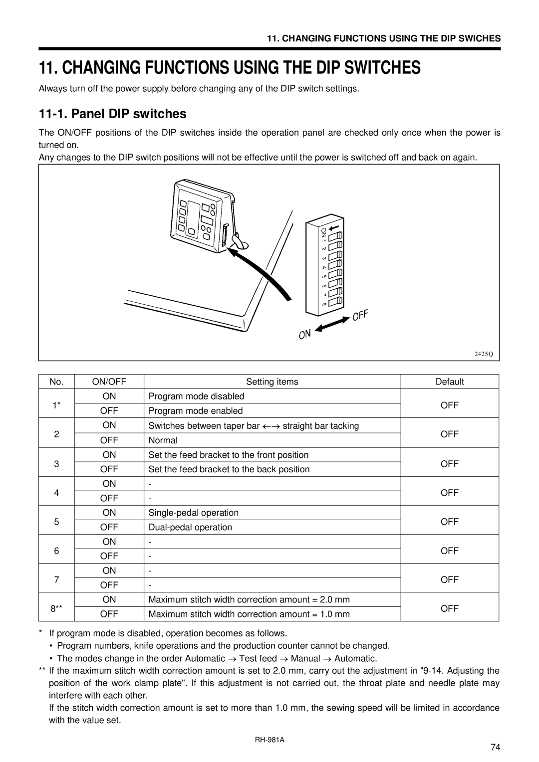 Brother rh-918a manual Changing Functions Using the DIP Switches, Panel DIP switches 