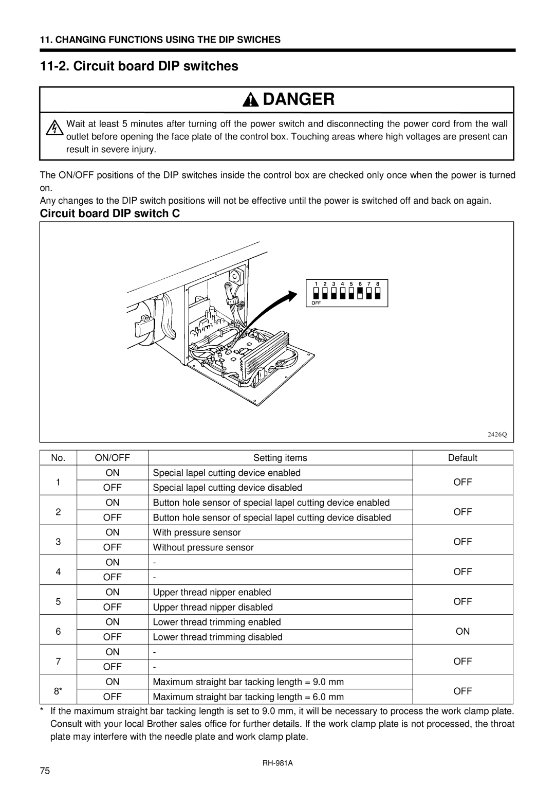 Brother rh-918a manual Circuit board DIP switches, Circuit board DIP switch C 