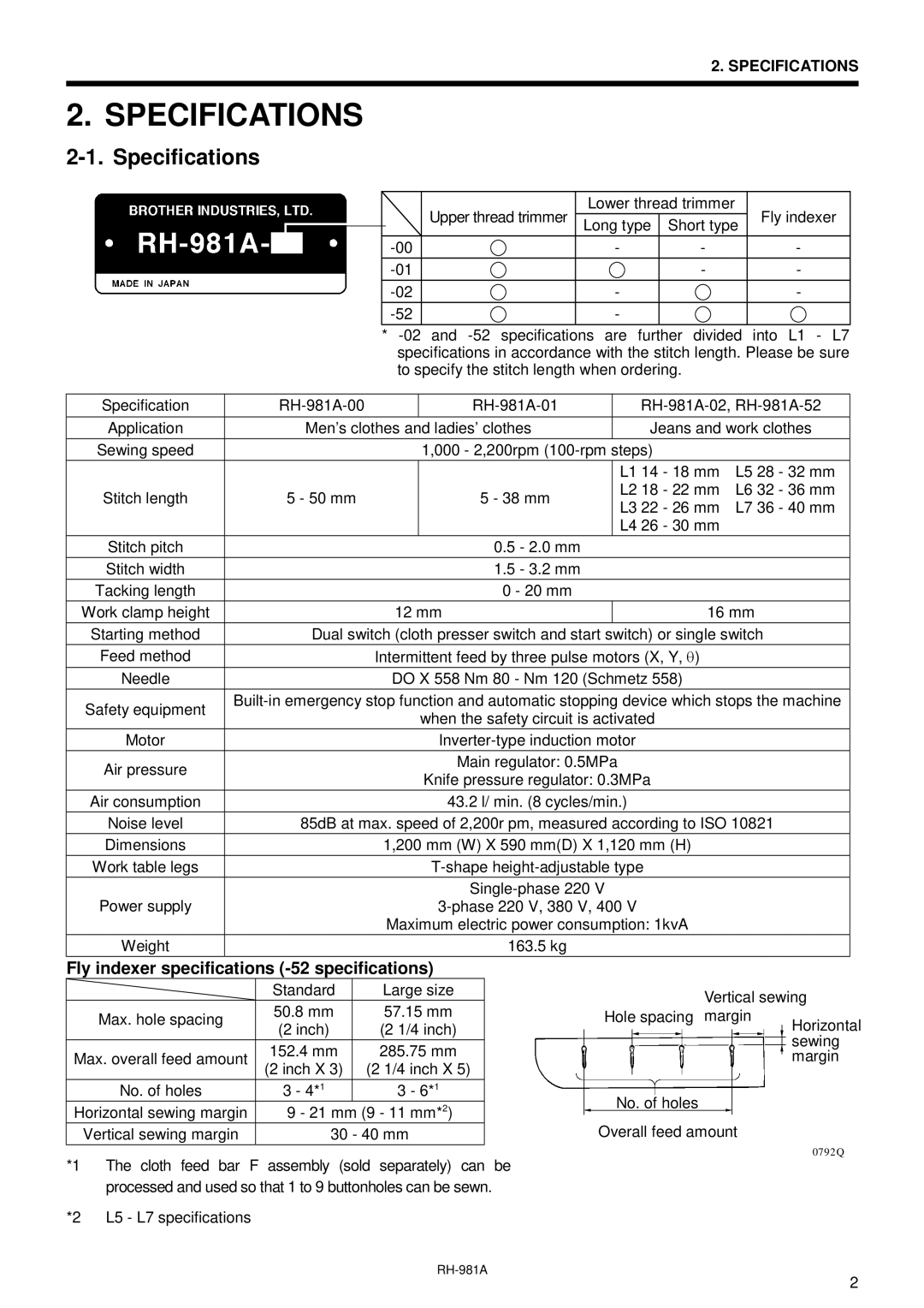 Brother rh-918a manual Specifications, Fly indexer specifications -52 specifications 