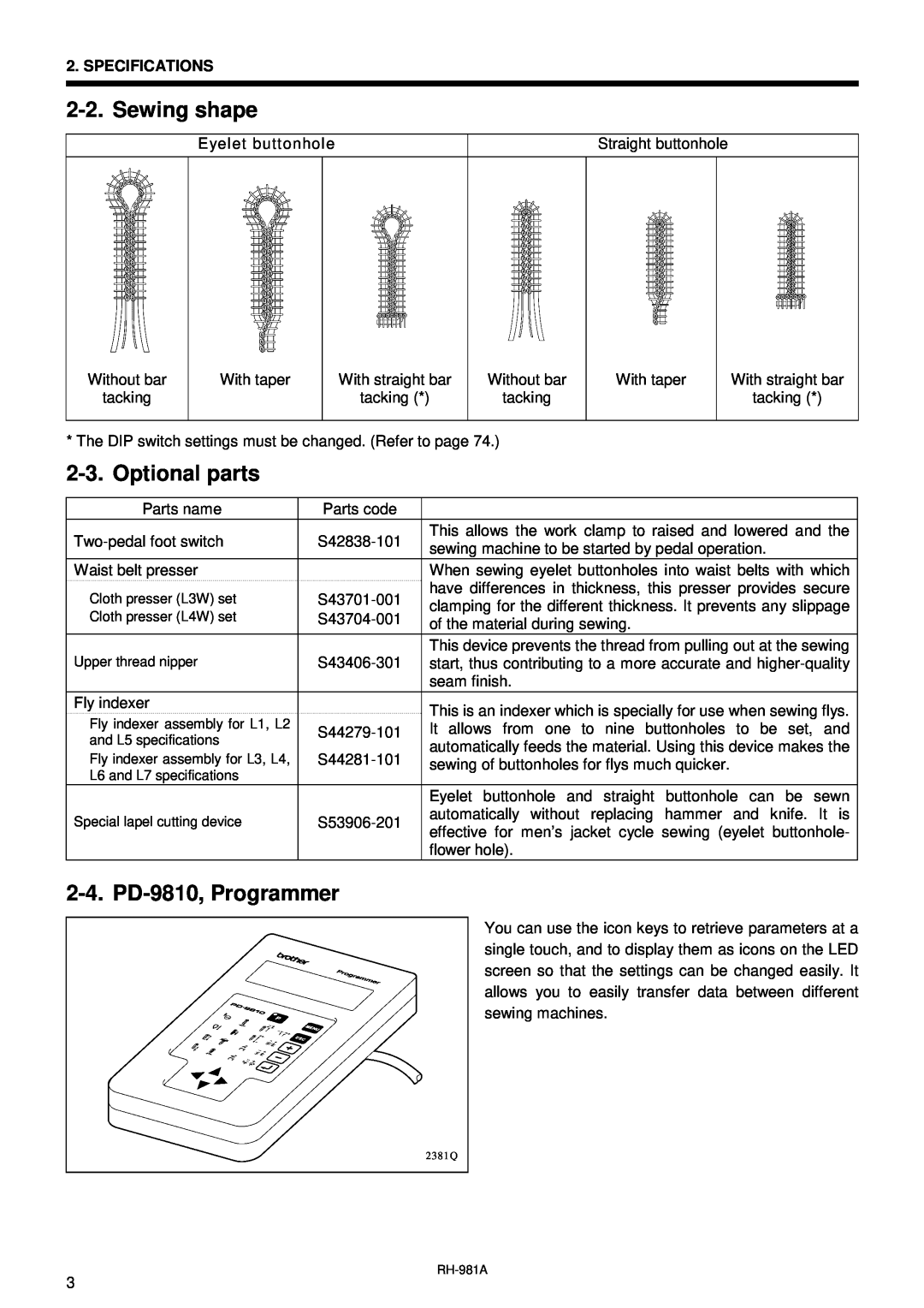 Brother rh-918a manual Sewing shape, Optional parts, PD-9810, Programmer, Cloth presser L3W set, Cloth presser L4W set 
