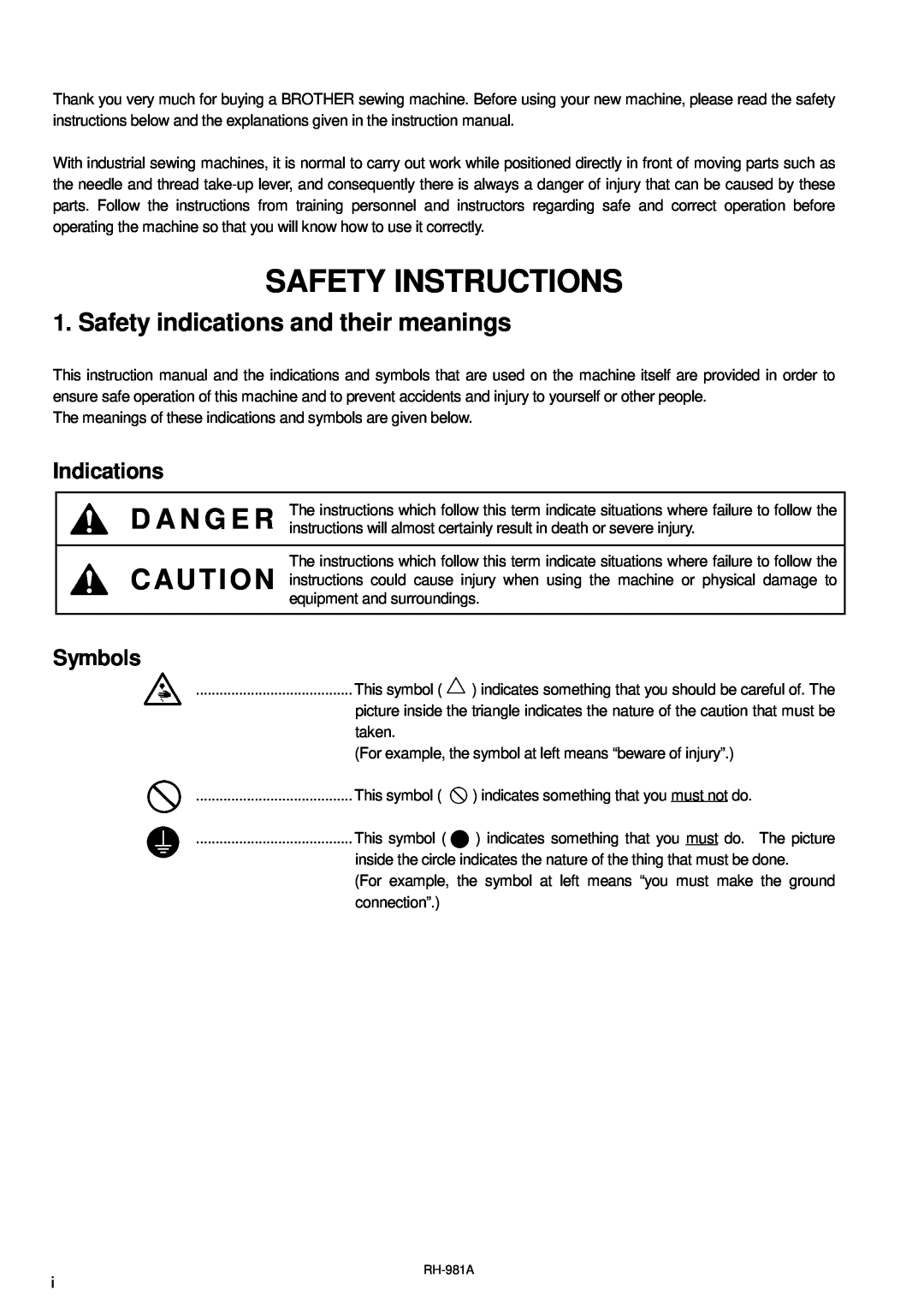 Brother rh-918a manual Safety Instructions, Safety indications and their meanings, Indications, Symbols 