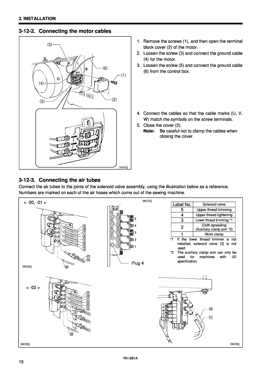 Brother rh-918a manual Connecting the motor cables, Connecting the air tubes 