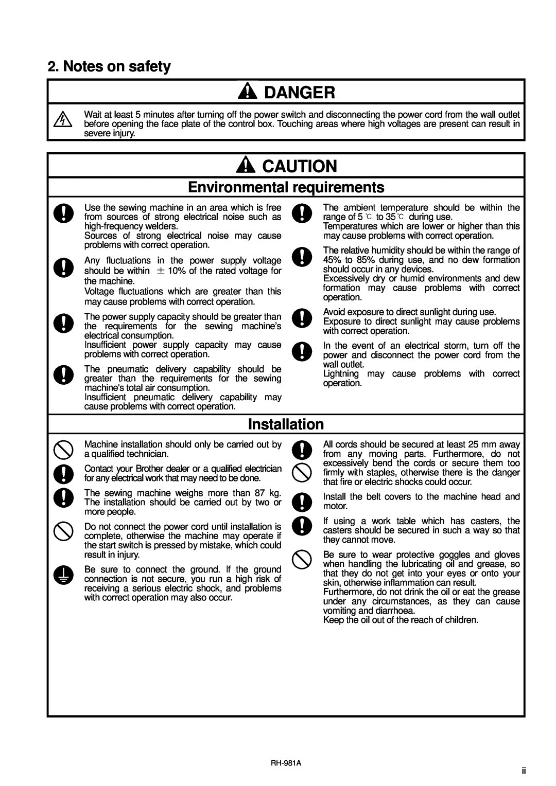 Brother rh-918a manual Danger, Notes on safety, Environmental requirements, Installation 