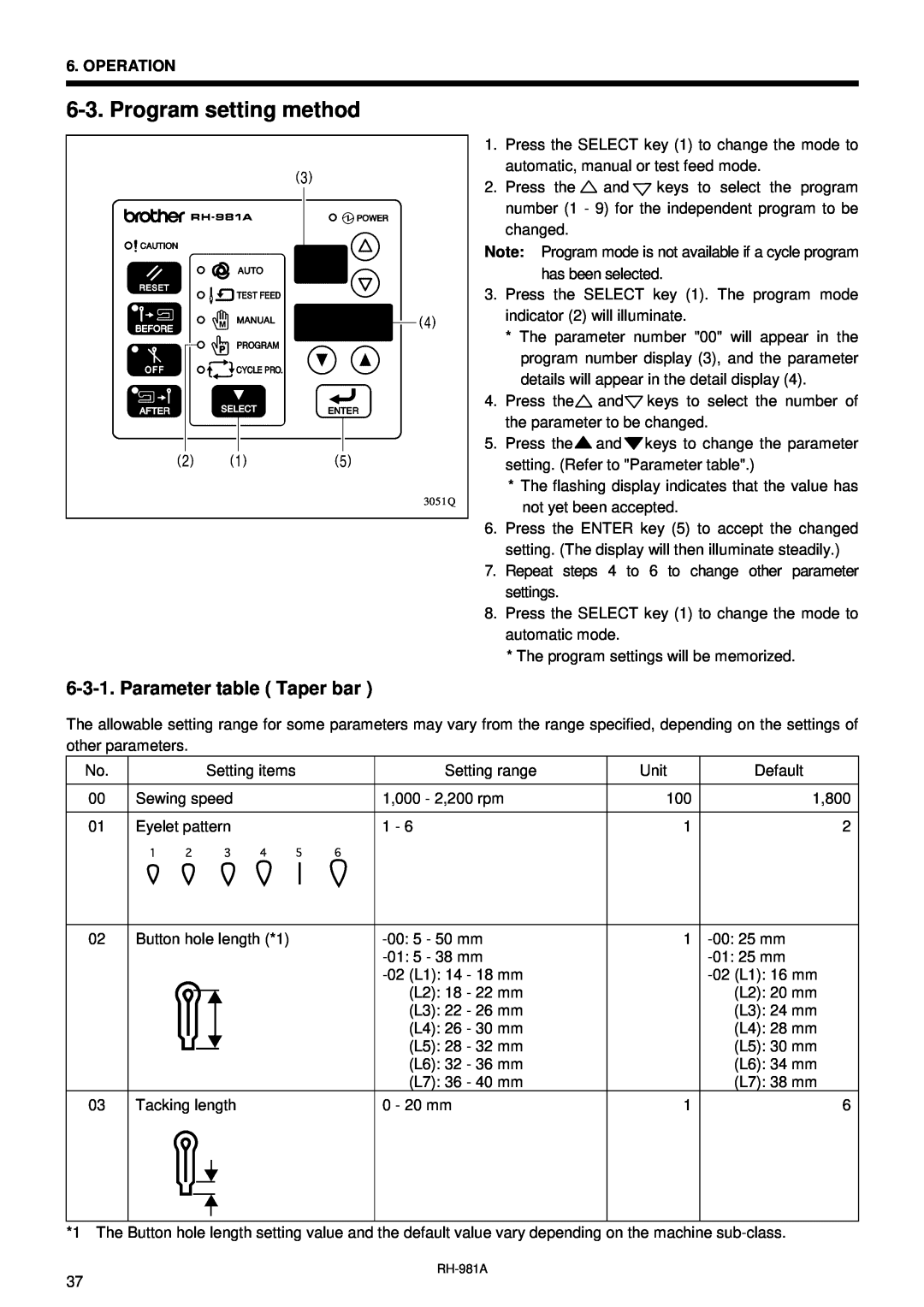 Brother rh-918a manual Program setting method, Parameter table Taper bar 