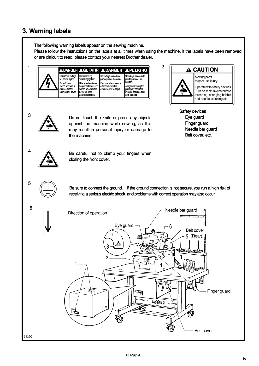 Brother rh-918a manual Warning labels 