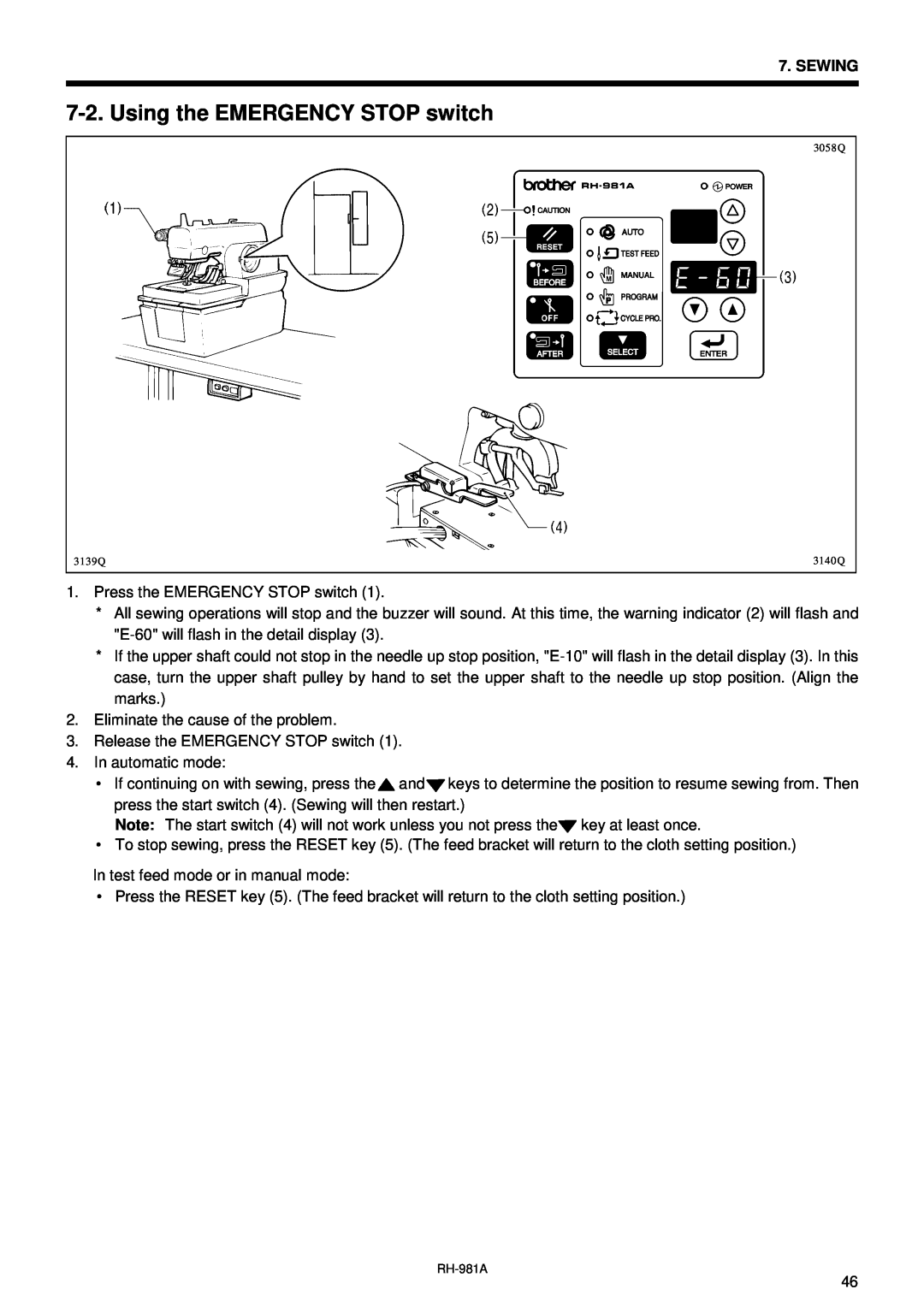 Brother rh-918a manual Using the EMERGENCY STOP switch 