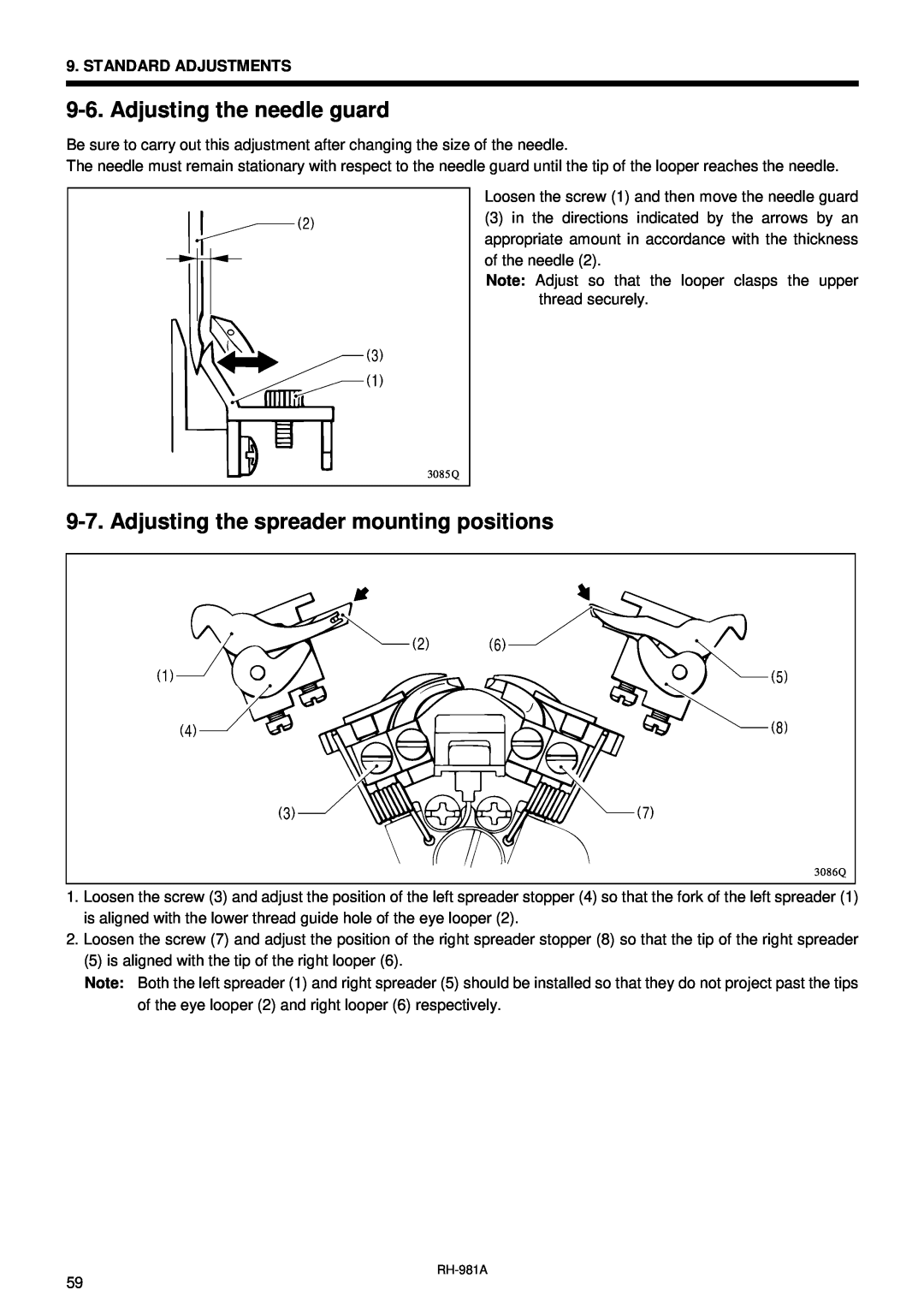 Brother rh-918a manual Adjusting the needle guard, Adjusting the spreader mounting positions, 3085Q, 3086Q 