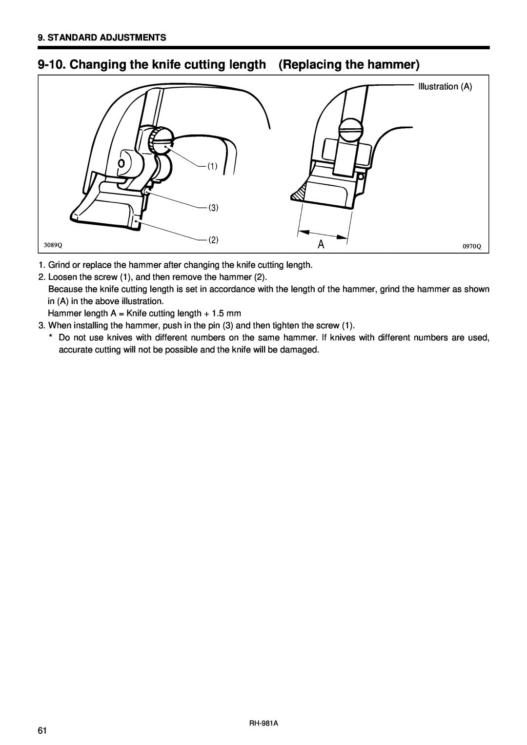 Brother rh-918a manual Changing the knife cutting length Replacing the hammer 