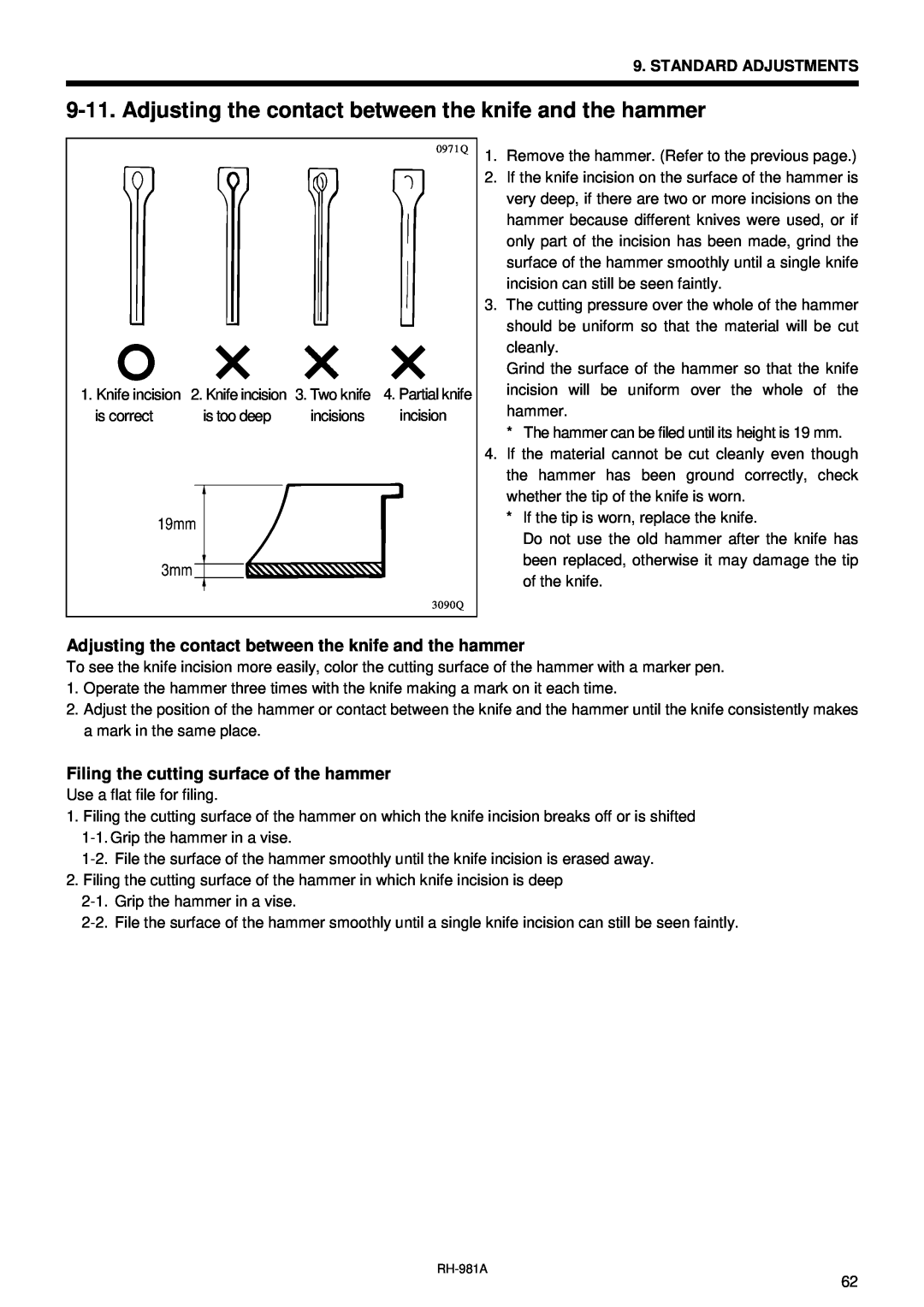 Brother rh-918a manual Adjusting the contact between the knife and the hammer, Filing the cutting surface of the hammer 