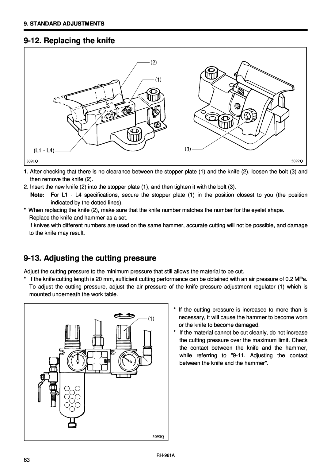 Brother rh-918a manual Replacing the knife, Adjusting the cutting pressure 