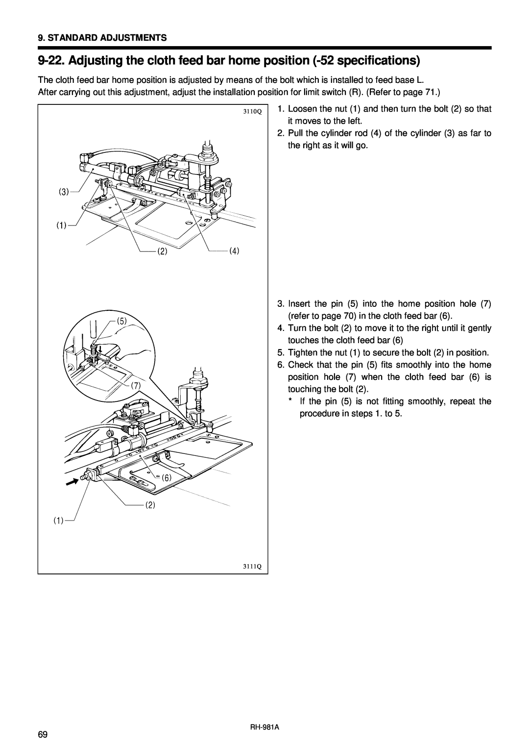 Brother rh-918a manual Adjusting the cloth feed bar home position -52 specifications 
