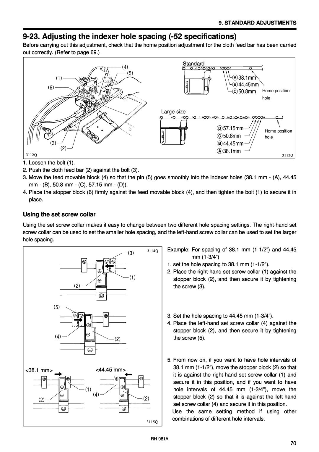 Brother rh-918a manual Adjusting the indexer hole spacing -52 specifications, Using the set screw collar 