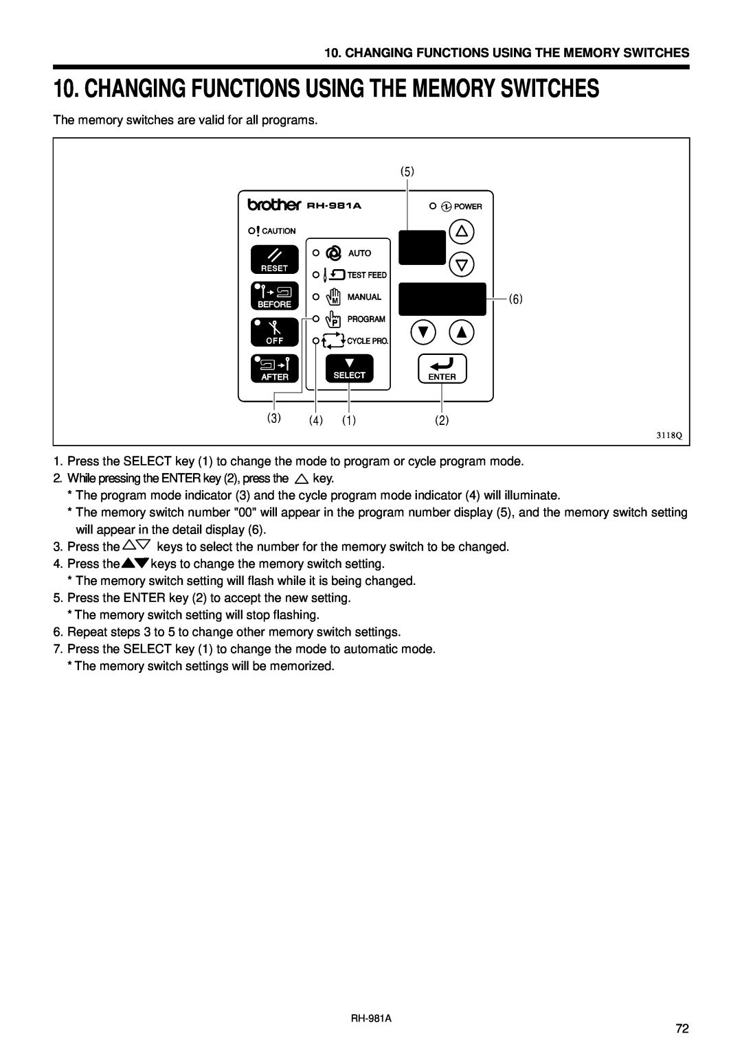 Brother rh-918a manual Changing Functions Using The Memory Switches 