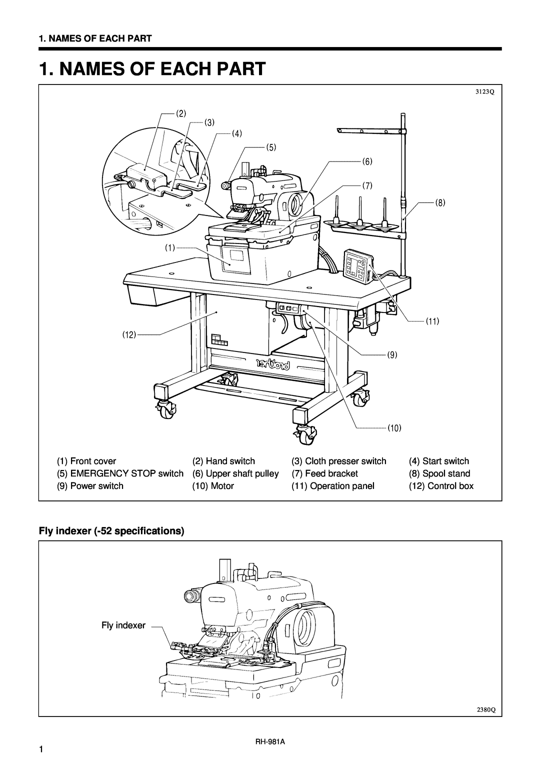 Brother rh-918a manual Names Of Each Part, Fly indexer -52 specifications 