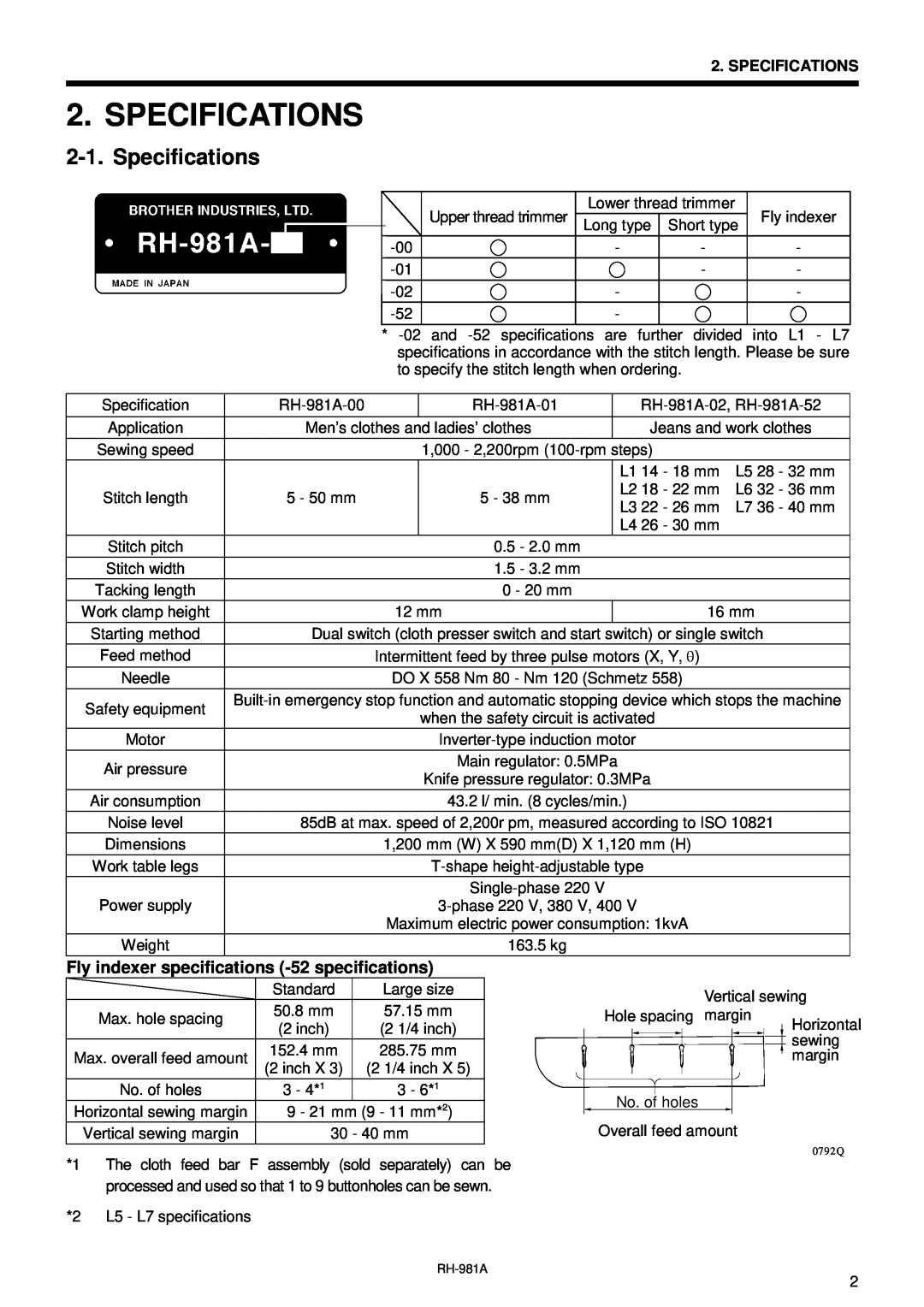 Brother rh-918a manual Specifications, Fly indexer specifications -52 specifications 