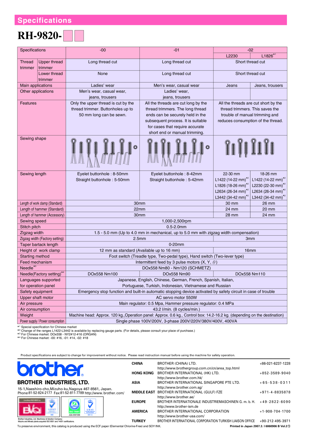 Brother RH-9820 manual Specifications 