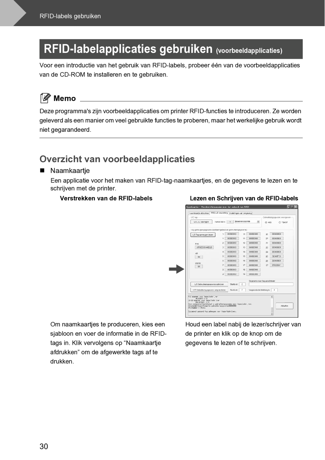 Brother RL-700S RFID-labelapplicaties gebruiken voorbeeldapplicaties, Overzicht van voorbeeldapplicaties, „ Naamkaartje 