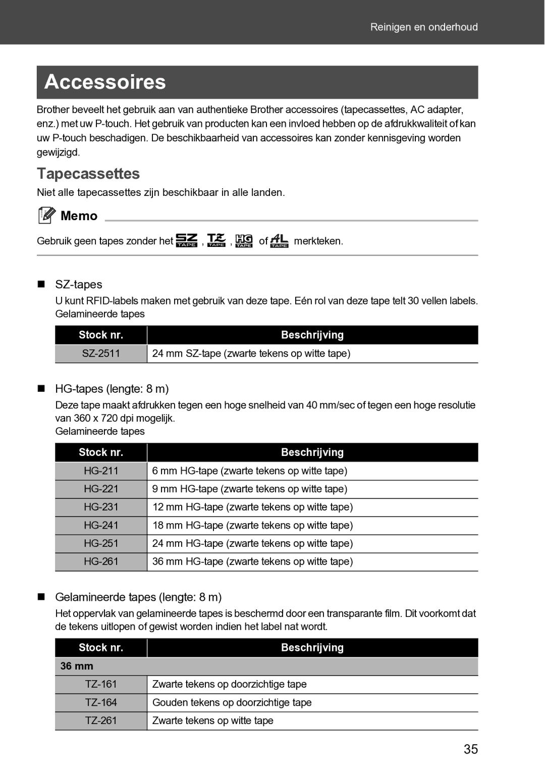 Brother RL-700S user manual Accessoires, Tapecassettes, „ SZ-tapes, „ HG-tapes lengte 8 m, „ Gelamineerde tapes lengte 8 m 