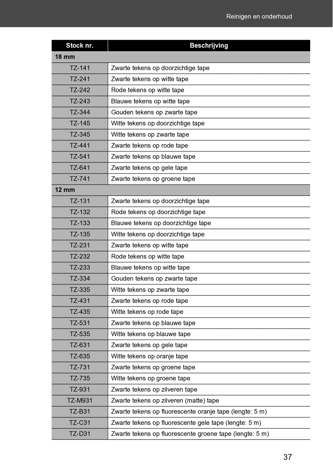 Brother RL-700S user manual TZ-141 Zwarte tekens op doorzichtige tape 