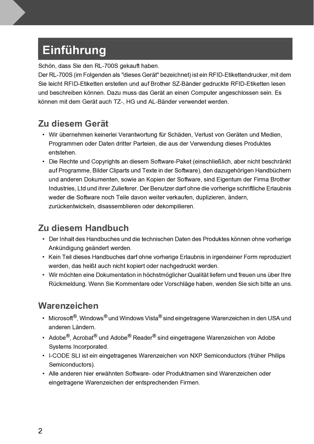 Brother RL-700S user manual Einführung, Zu diesem Gerät, Zu diesem Handbuch, Warenzeichen 