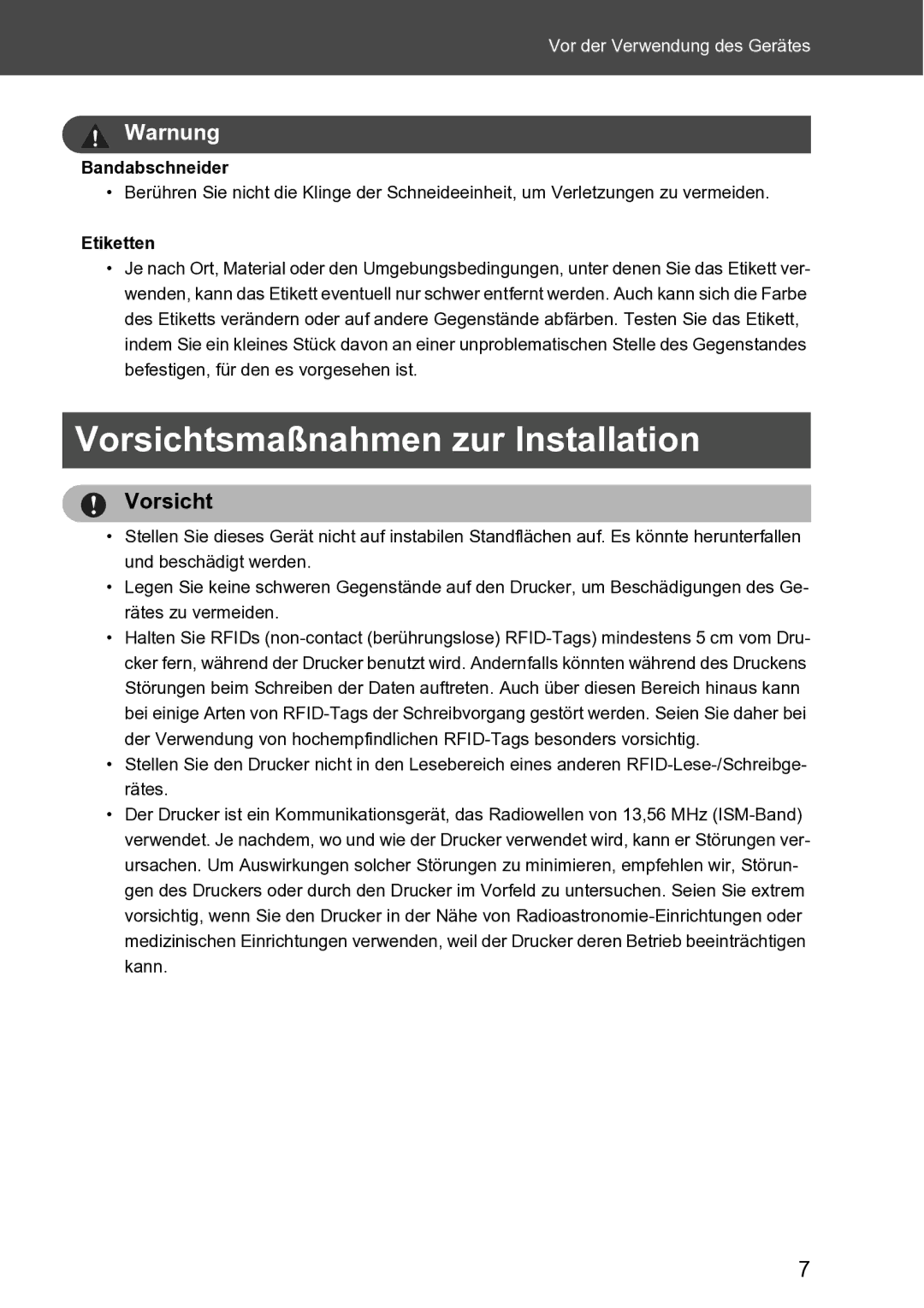 Brother RL-700S user manual Vorsichtsmaßnahmen zur Installation, Bandabschneider, Etiketten 