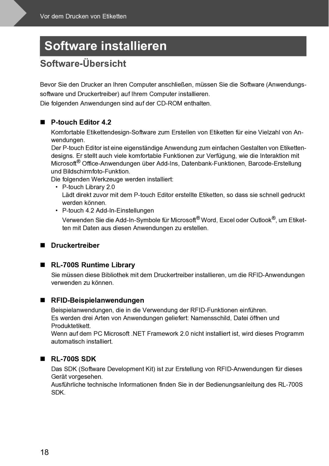 Brother RL-700S user manual Software installieren, Software-Übersicht 