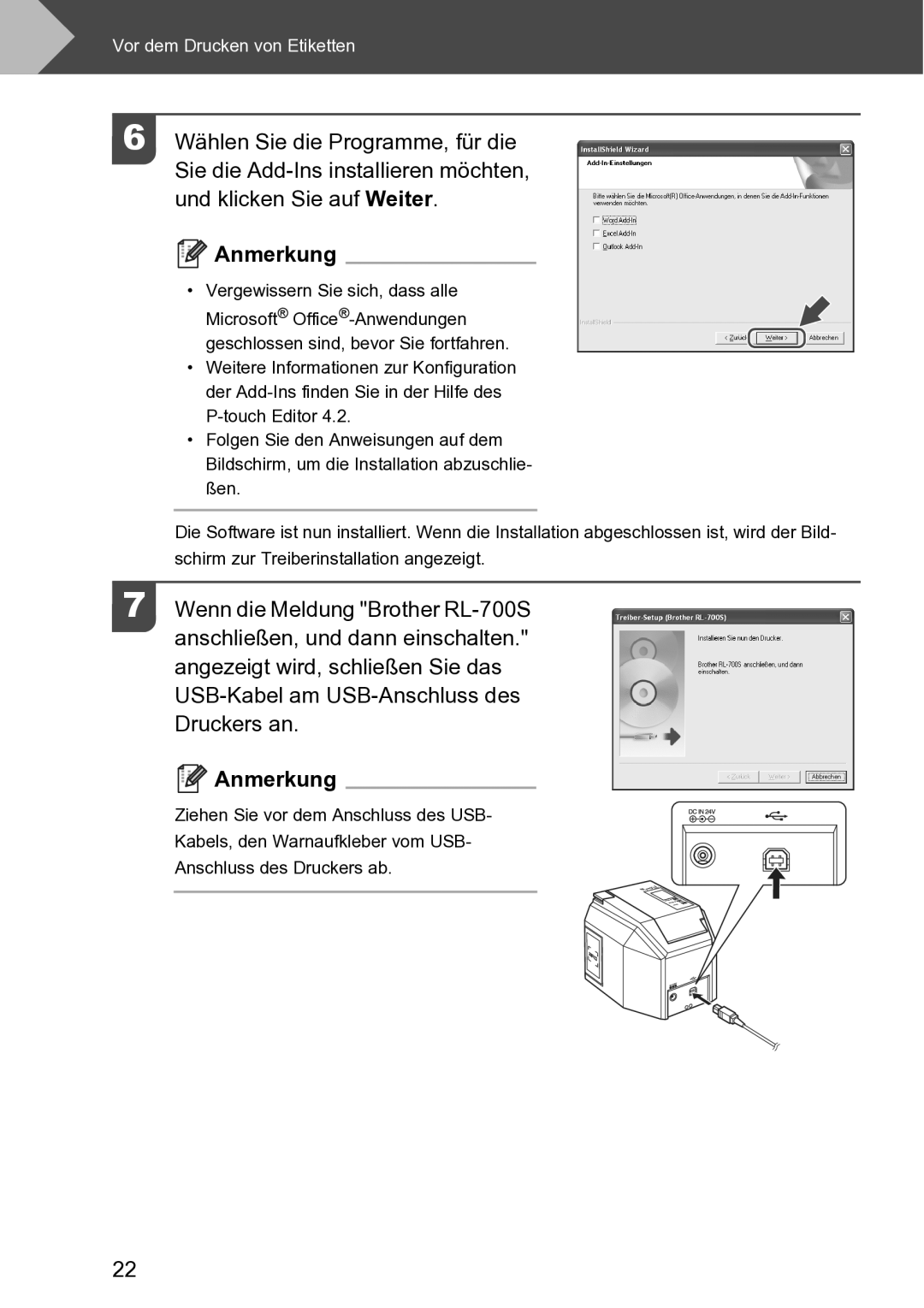 Brother RL-700S user manual Vergewissern Sie sich, dass alle 