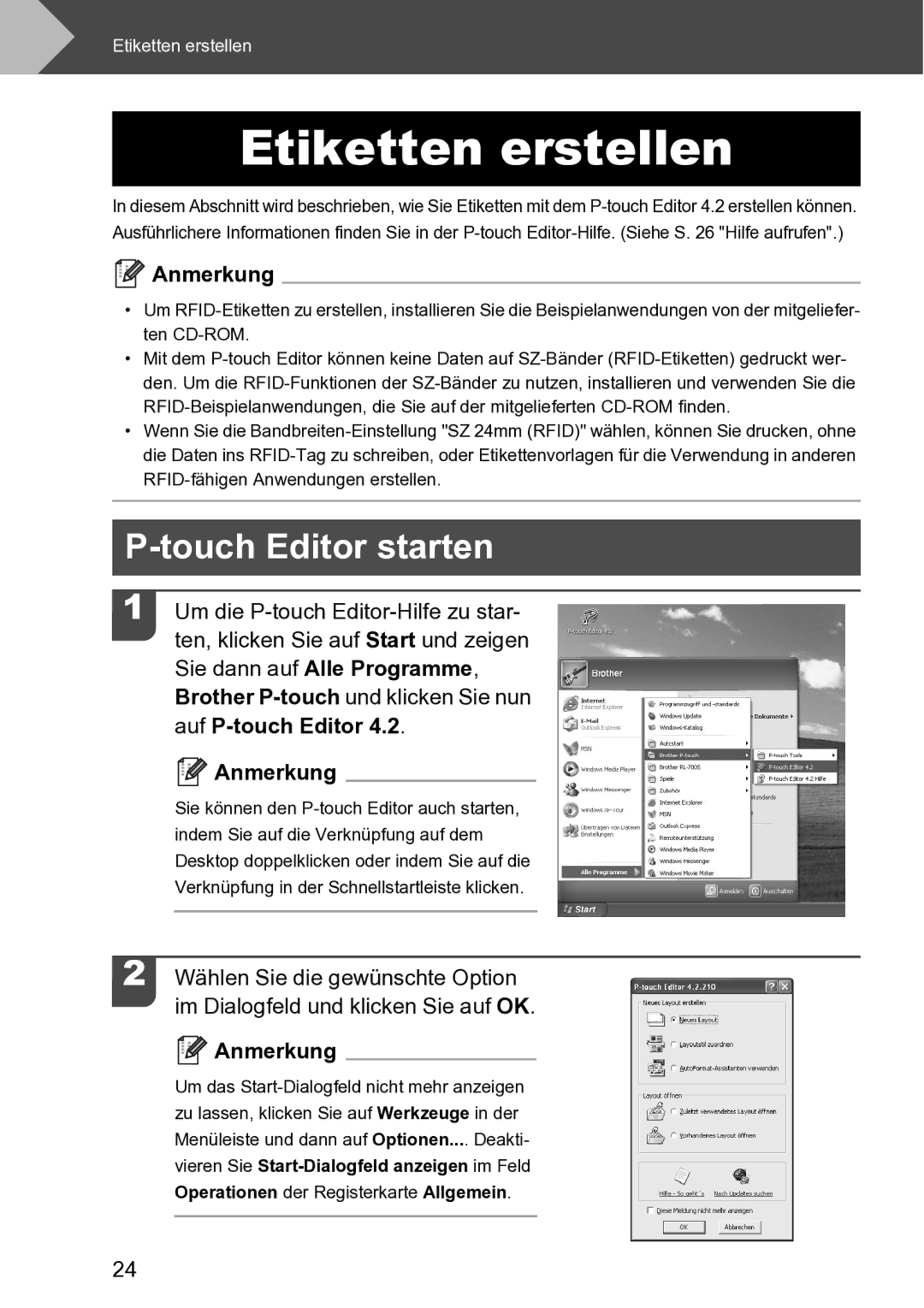 Brother RL-700S user manual Etiketten erstellen, Touch Editor starten 