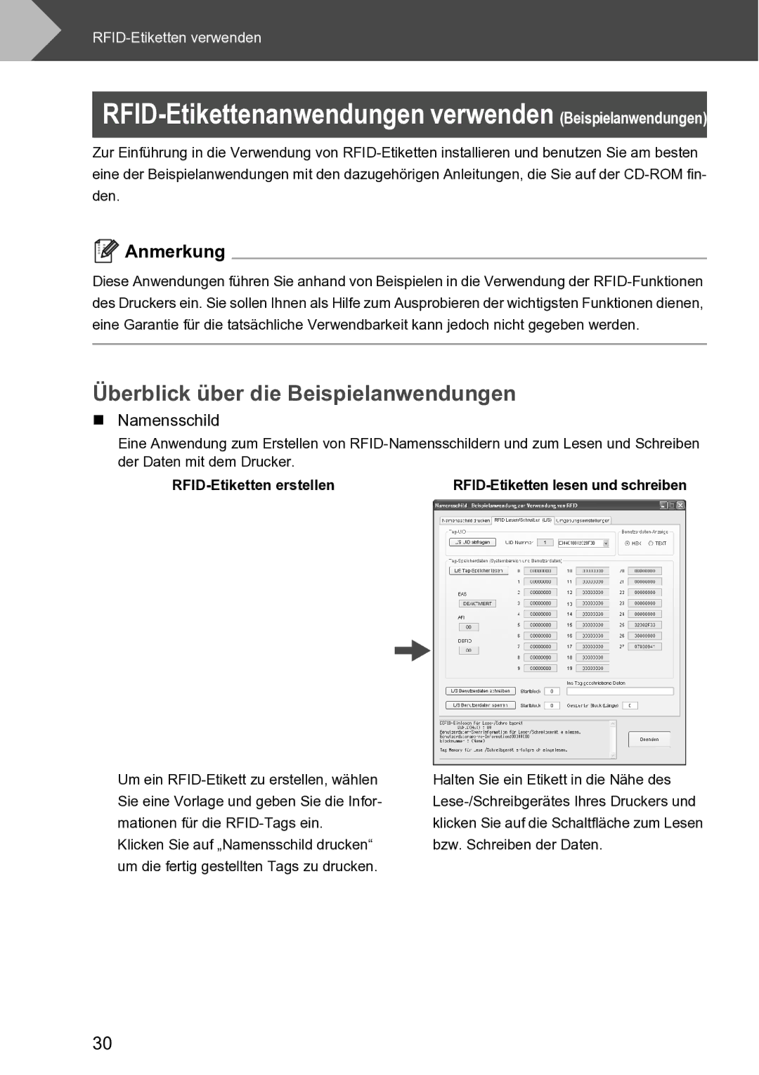 Brother RL-700S user manual Überblick über die Beispielanwendungen, „ Namensschild, RFID-Etiketten erstellen 