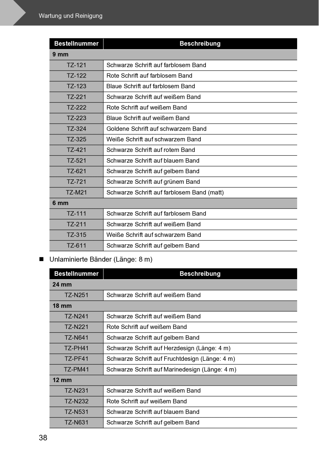 Brother RL-700S user manual „ Unlaminierte Bänder Länge 8 m 