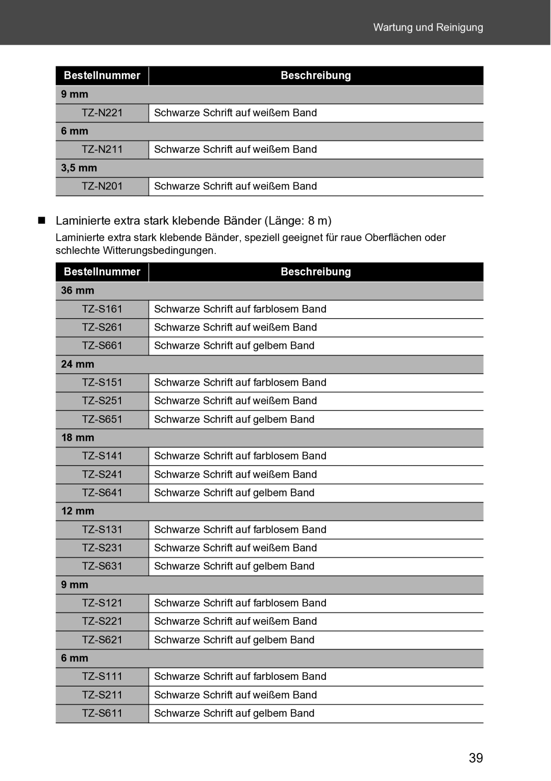 Brother RL-700S user manual „ Laminierte extra stark klebende Bänder Länge 8 m, 36 mm 