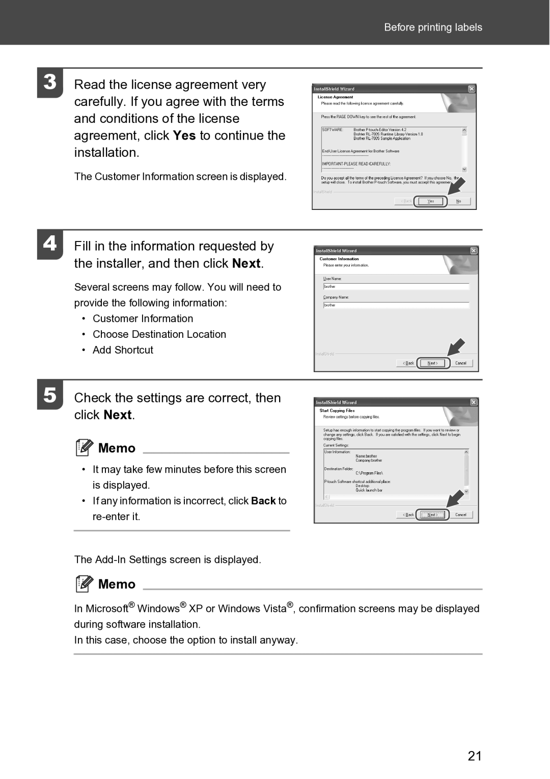 Brother RL-700S user manual Check the settings are correct, then click Next 