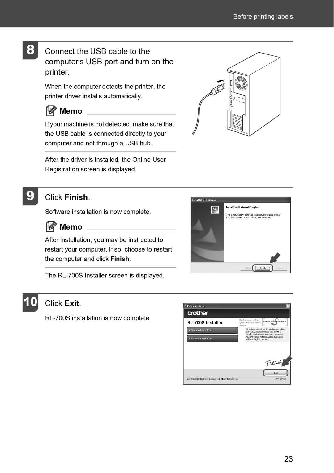 Brother RL-700S user manual Click Finish, Click Exit 