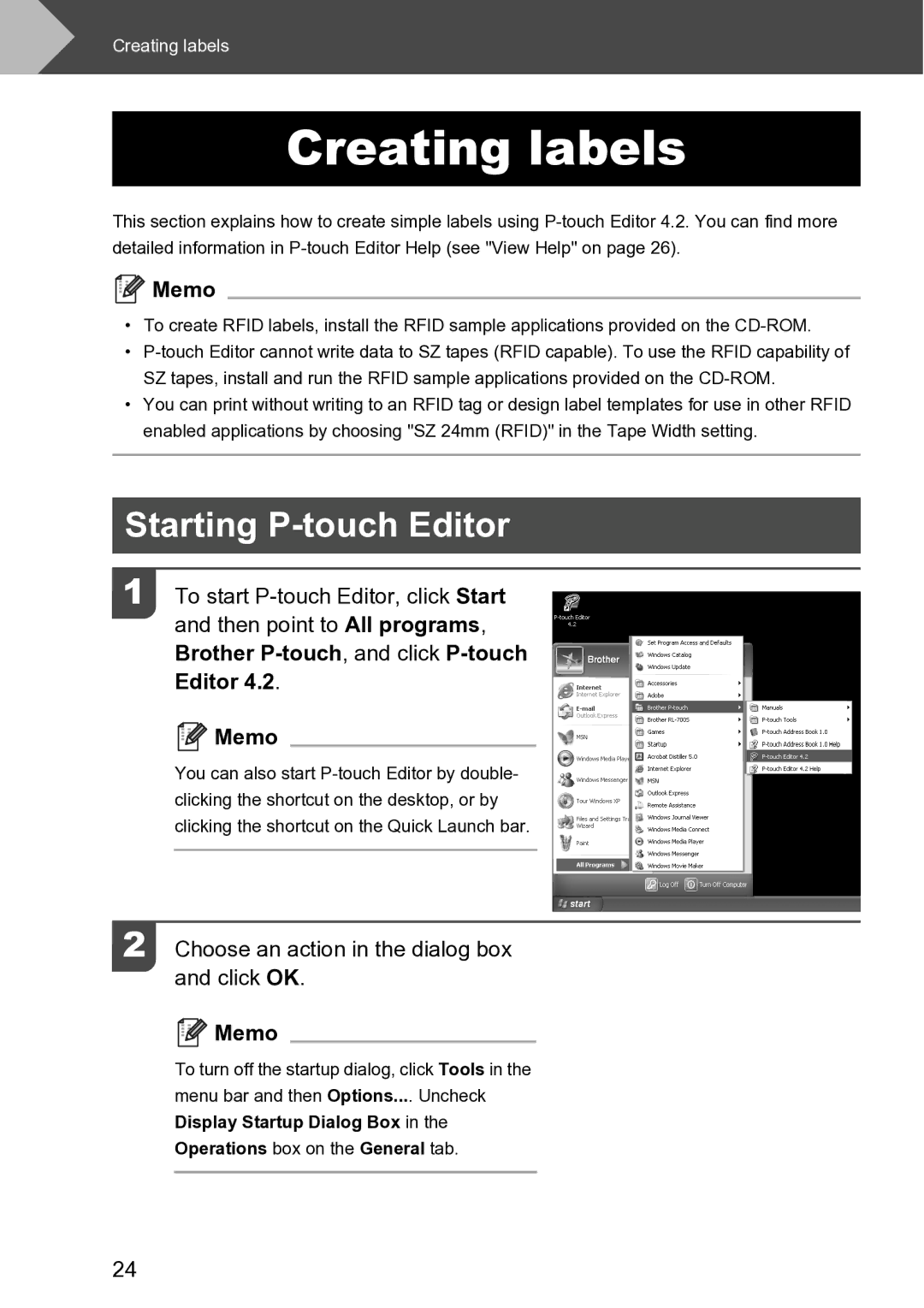 Brother RL-700S user manual Creating labels, Starting P-touch Editor, Brother P-touch, and click P-touch Editor Memo 