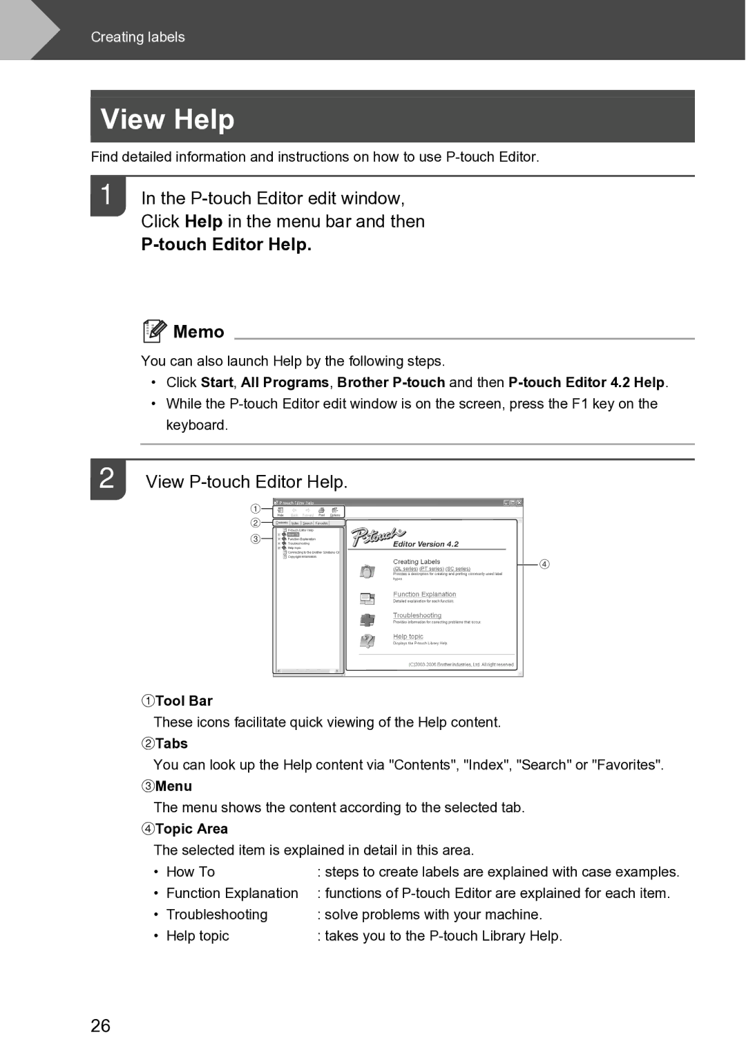 Brother RL-700S user manual View Help, Touch Editor Help Memo, View P-touch Editor Help 