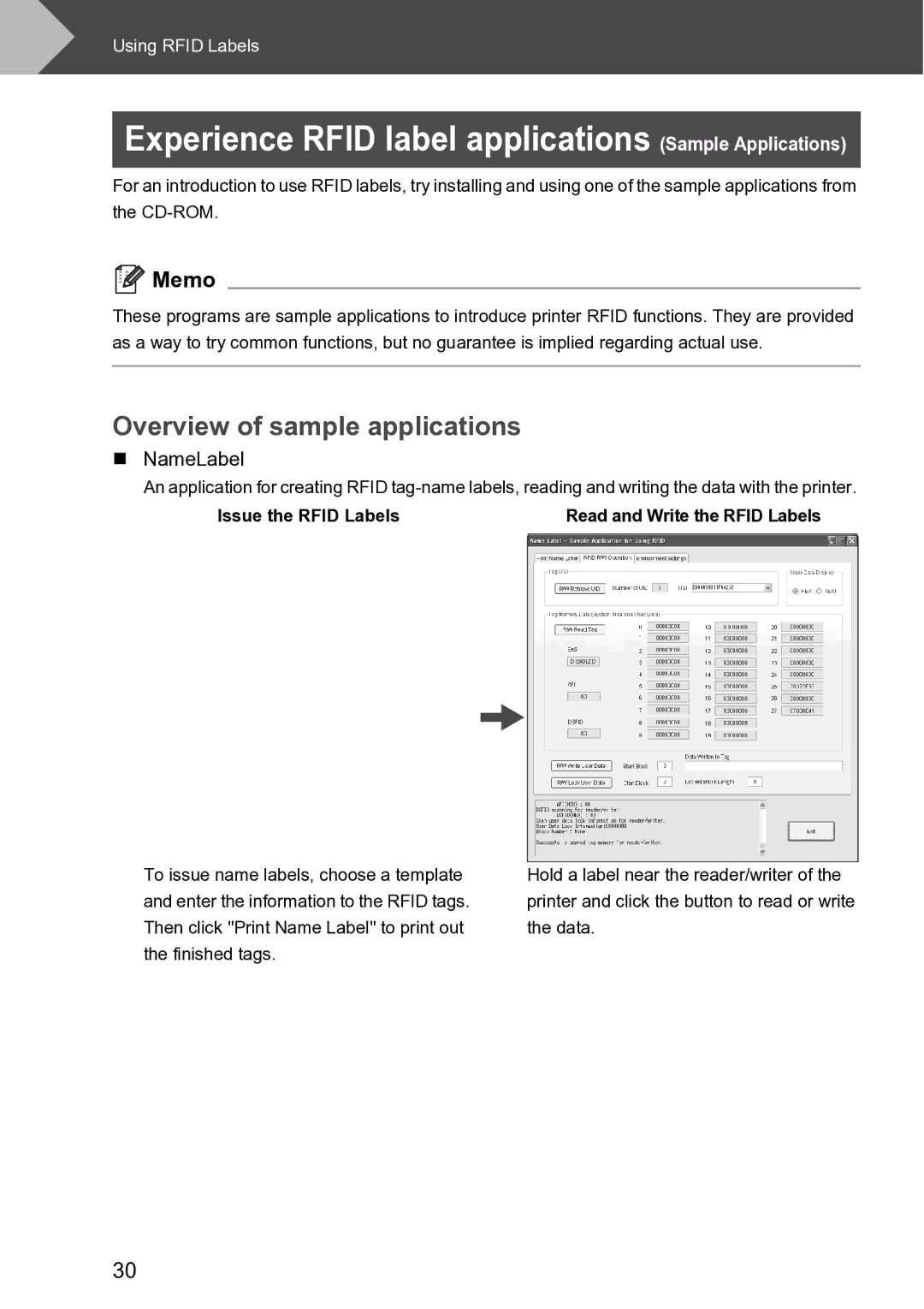 Brother RL-700S Experience Rfid label applications Sample Applications, Overview of sample applications, „ NameLabel 