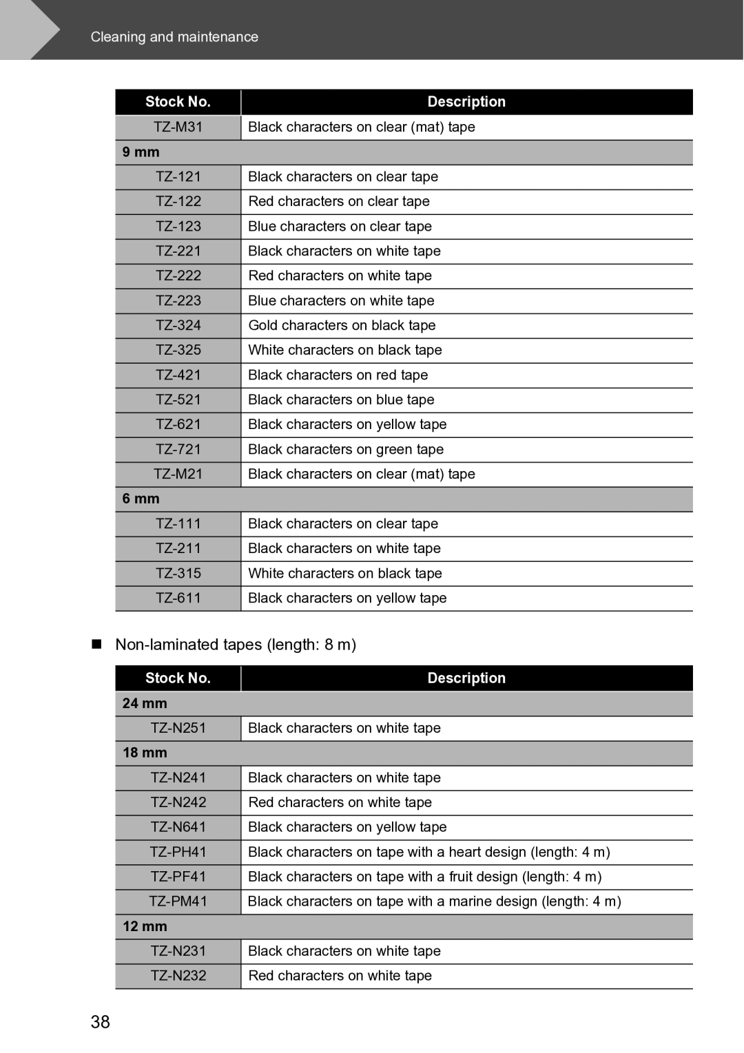 Brother RL-700S user manual „ Non-laminated tapes length 8 m 