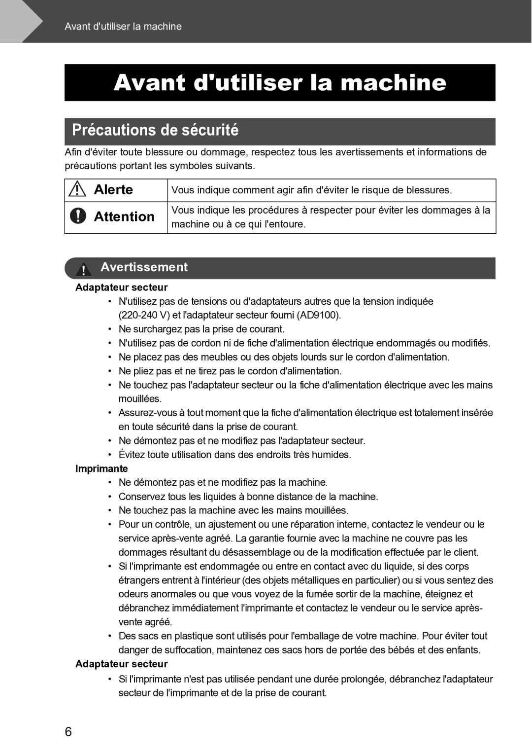 Brother RL-700S user manual Précautions de sécurité, Adaptateur secteur, Imprimante 