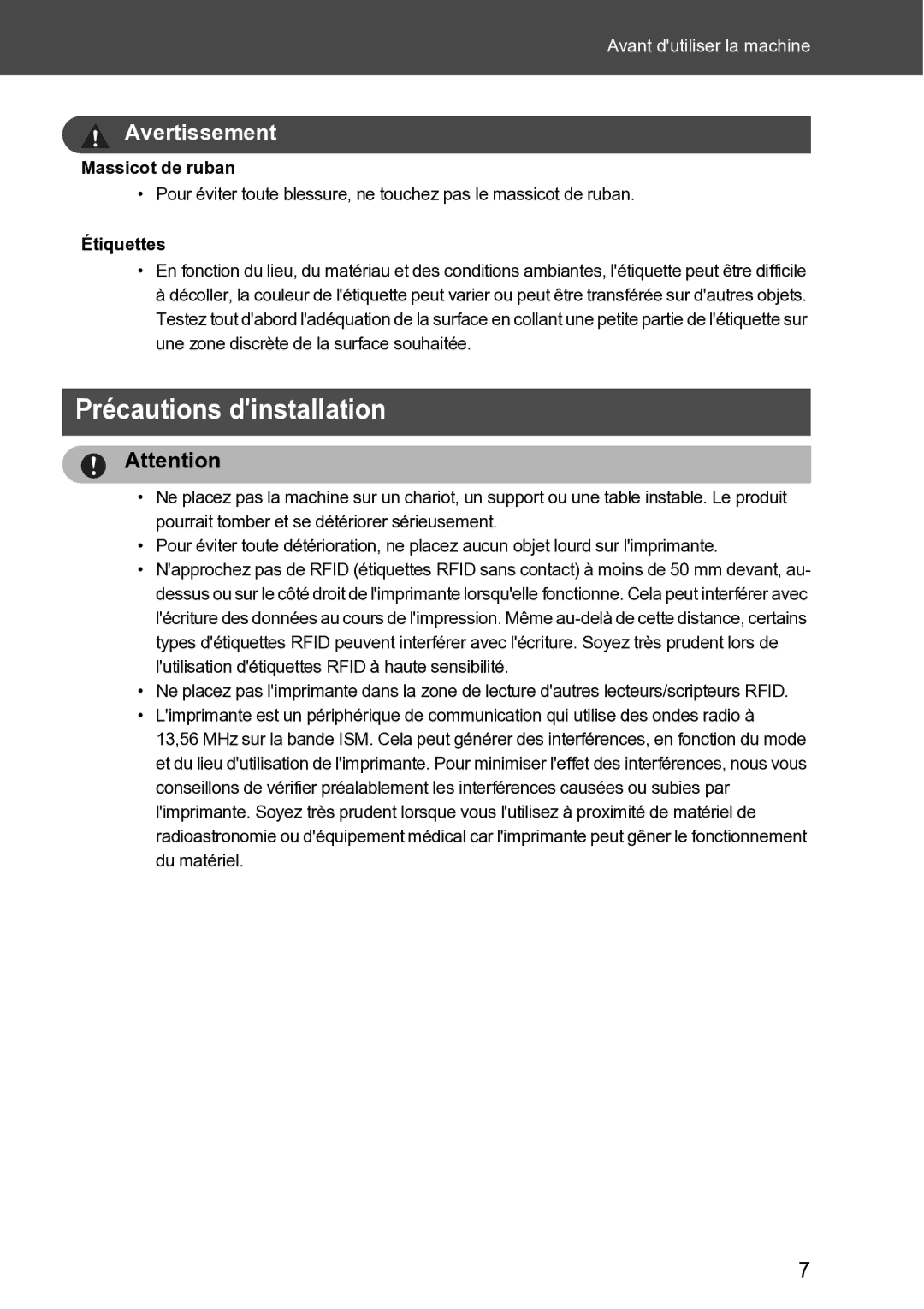 Brother RL-700S user manual Précautions dinstallation, Massicot de ruban, Étiquettes 