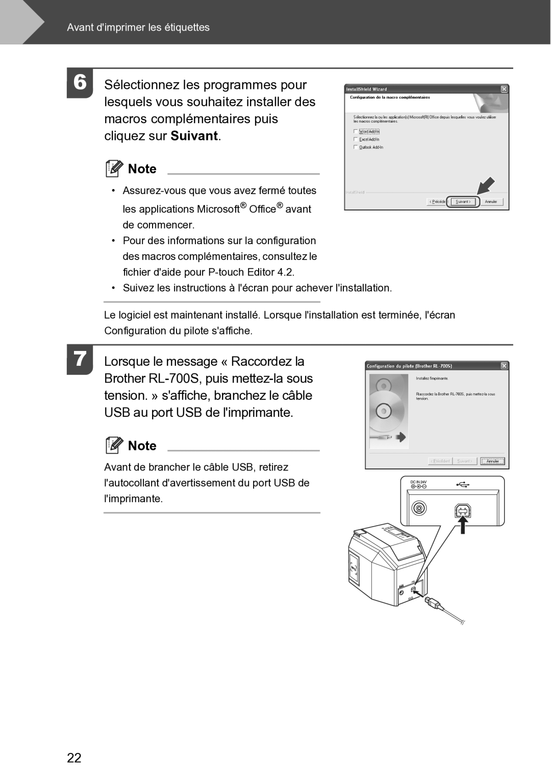 Brother RL-700S user manual Avant dimprimer les étiquettes 