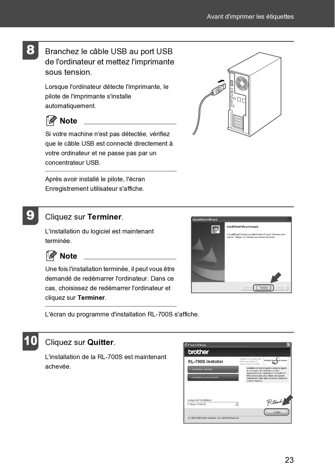 Brother RL-700S user manual Cliquez sur Terminer, Cliquez sur Quitter 