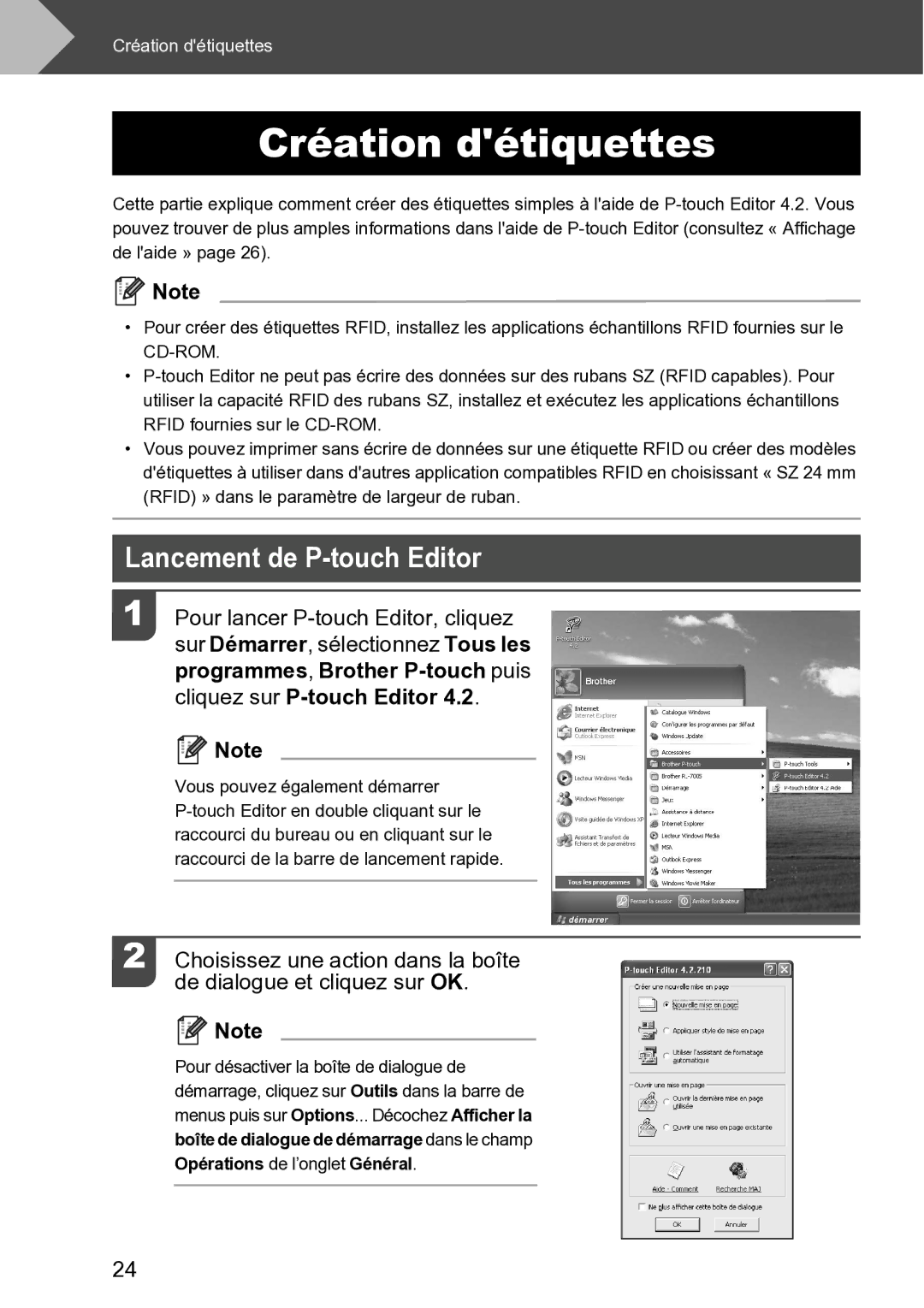 Brother RL-700S user manual Création détiquettes, Lancement de P-touch Editor 