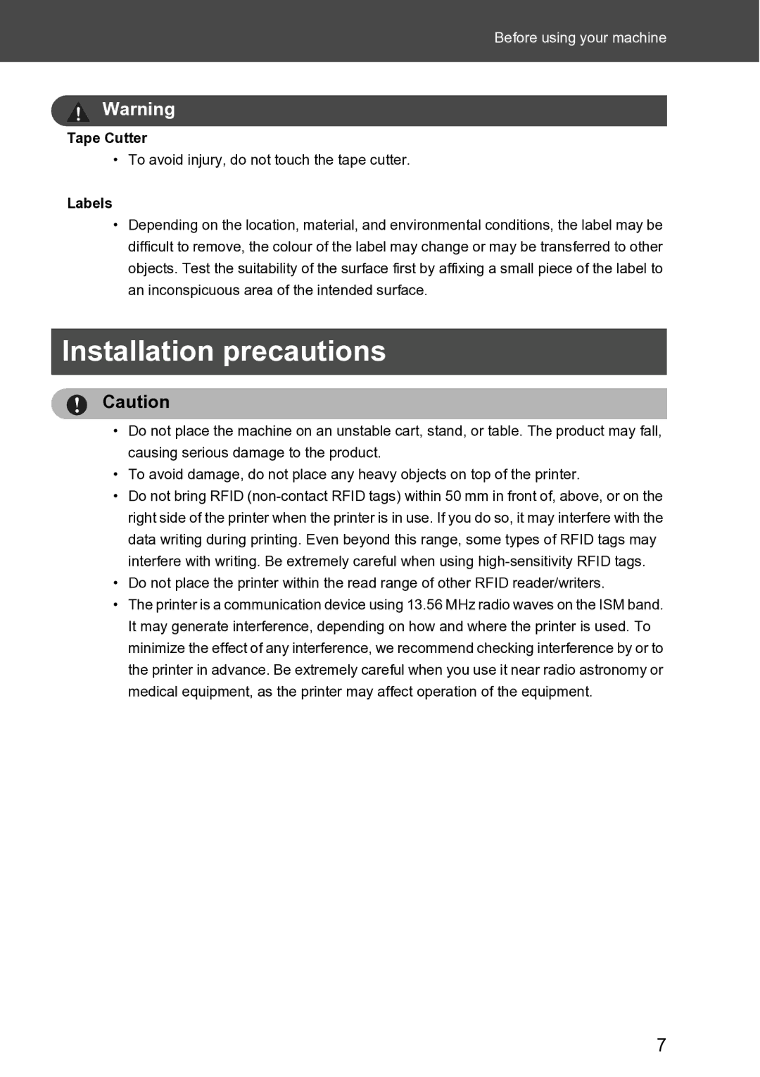 Brother RL-700S user manual Installation precautions, Tape Cutter, Labels 