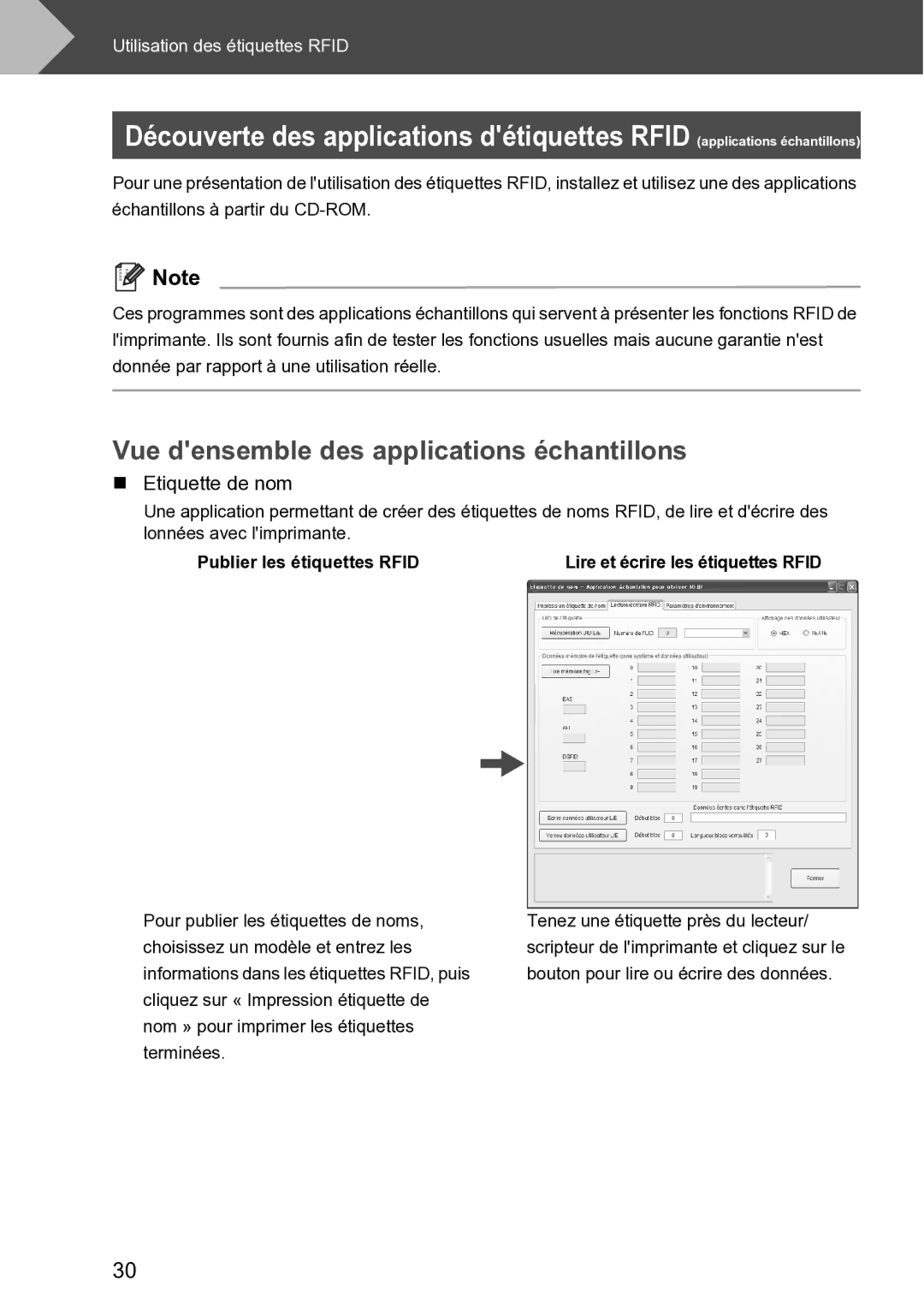 Brother RL-700S user manual Vue densemble des applications échantillons, „ Etiquette de nom, Publier les étiquettes Rfid 