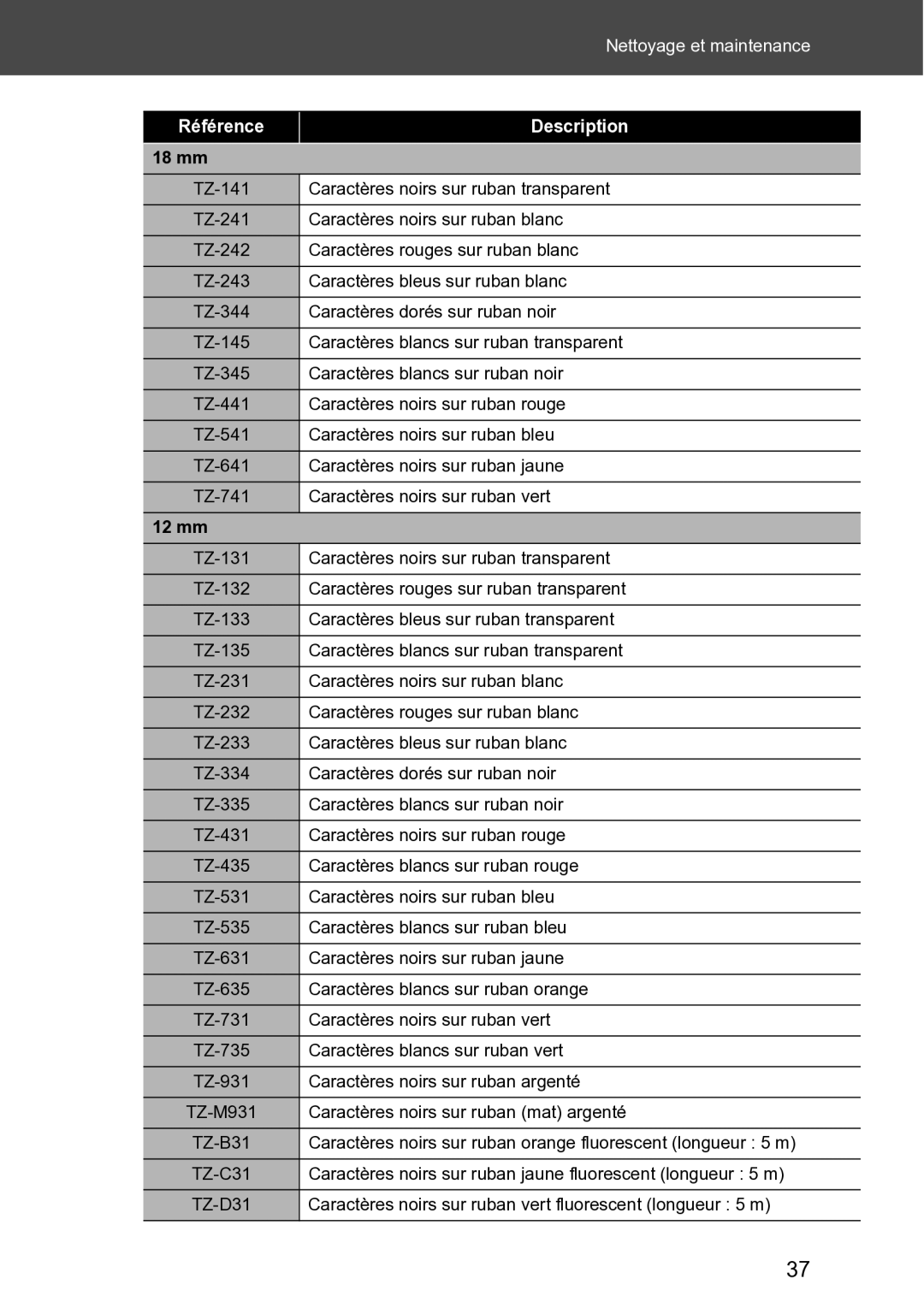 Brother RL-700S user manual TZ-141 Caractères noirs sur ruban transparent 