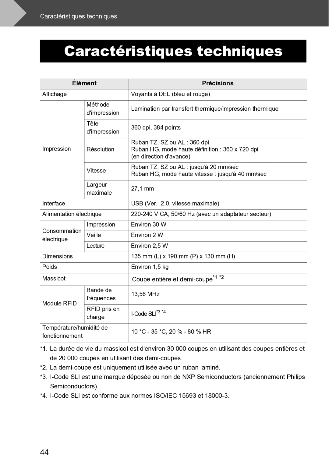 Brother RL-700S user manual Caractéristiques techniques 